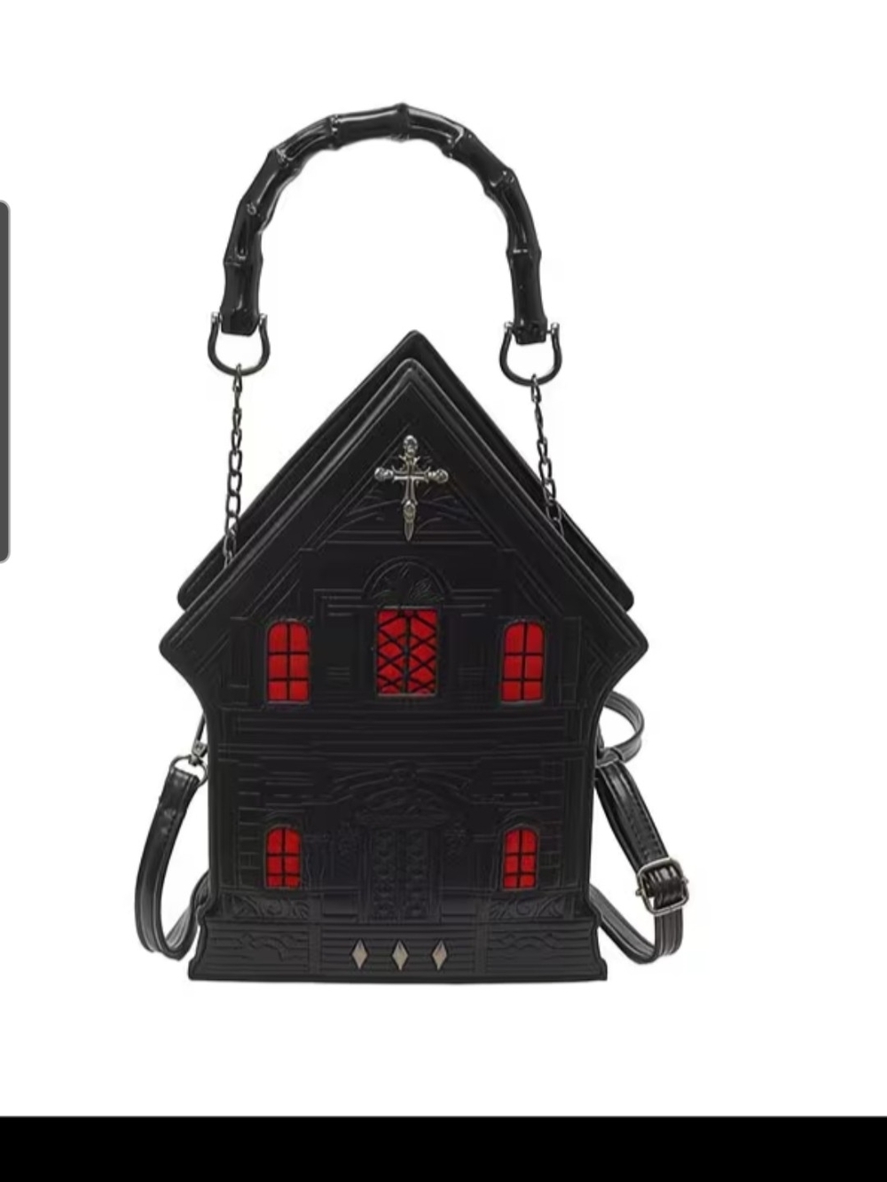Gothic House-Shaped Crossbody Bag in Black with Pink Window Insets - Picture 3 of 6